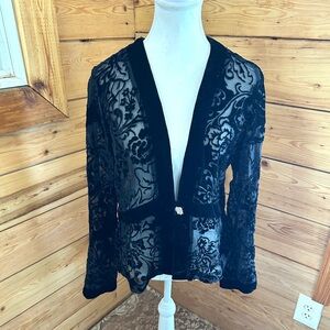 Vintage Burned Out Velvet‎  Black Sheer Jacket Jewel Button Dark Romantic Medium